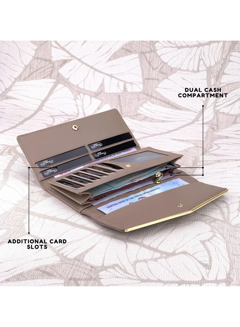 Classic Milano Khaki (JFL-6-(2236)) Classic Milano Premium Faux Leather Long Wallet for Women with Snap Closure | Ladies Wallet Card Holder Purse | Slim Women's Wallet for Daily Use, Travel, and Gifting for Women | Best Price UAE