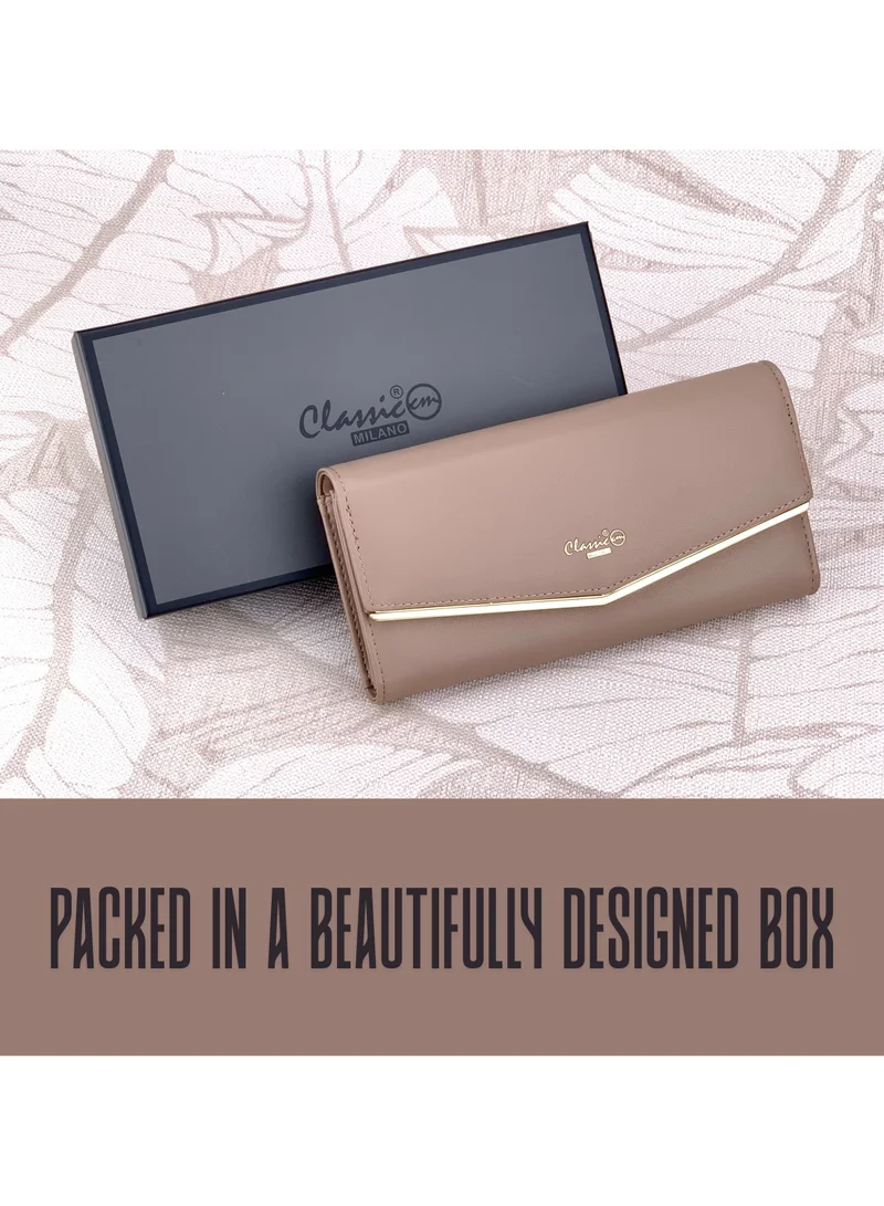 Classic Milano Khaki (JFL-6-(2236)) Classic Milano Premium Faux Leather Long Wallet for Women with Snap Closure | Ladies Wallet Card Holder Purse | Slim Women's Wallet for Daily Use, Travel, and Gifting for Women | Best Price UAE
