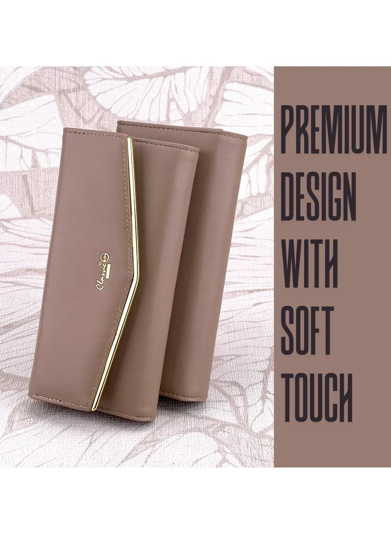 Classic Milano Khaki (JFL-6-(2236)) Classic Milano Premium Faux Leather Long Wallet for Women with Snap Closure | Ladies Wallet Card Holder Purse | Slim Women's Wallet for Daily Use, Travel, and Gifting for Women | Best Price UAE