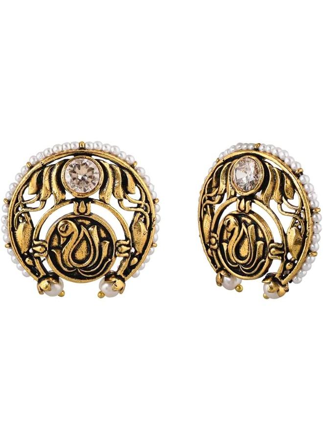 VOYLLA Apsara Peacock Motif Stud Earrings, Brass with No Gemstone - Image 2