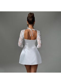 NIBEMINENT Summer Dress Low Neckline High Waist Lace Sleeve Splicing Temperament Long Sleeve Princess Dress  - Image 4
