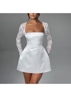 NIBEMINENT Summer Dress Low Neckline High Waist Lace Sleeve Splicing Temperament Long Sleeve Princess Dress  - Image 2