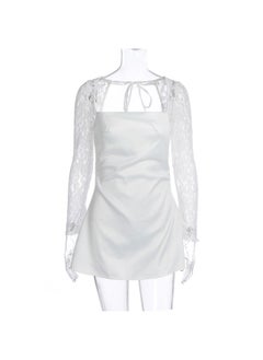 NIBEMINENT Summer Dress Low Neckline High Waist Lace Sleeve Splicing Temperament Long Sleeve Princess Dress  - Image 5
