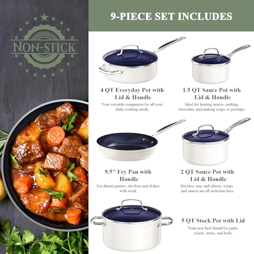 Nuwave 9pc Cookware Set Healthy Duralon Blue Ceramic Nonstick Coated, Diamond Infused Scratch-Resistant, PFAS Free, Oven Safe, Induction Ready & Evenly Heats, Tempered Glass Lids & Stay-Cool Handle - Image 2