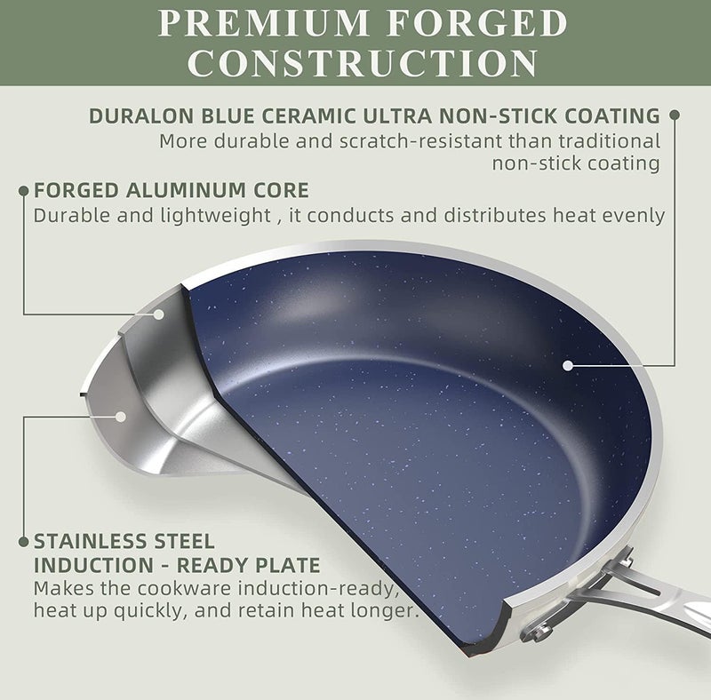 Nuwave 9pc Cookware Set Healthy Duralon Blue Ceramic Nonstick Coated, Diamond Infused Scratch-Resistant, PFAS Free, Oven Safe, Induction Ready & Evenly Heats, Tempered Glass Lids & Stay-Cool Handle - Image 3