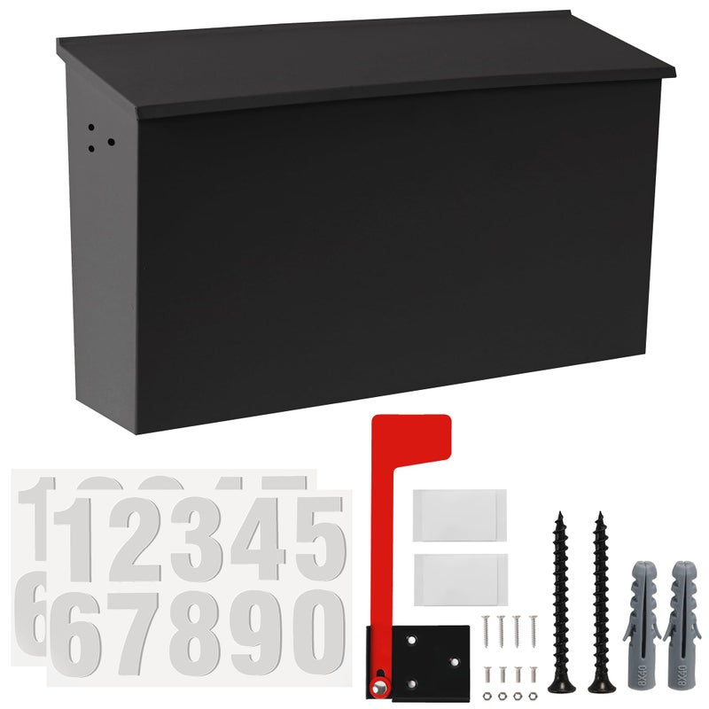 TonGass 1574x944x472 WallMount Mailbox for House with Flag and Number Stickers Large Capacity Mailboxes for Outside Wall Mount RustProof Carbon Steel Post Box Ideal for Outdoor Use Black