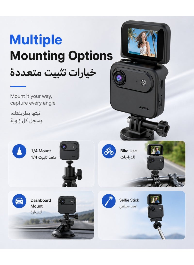 كاميرا حركة 4K بشاشة قابلة للقلب، زاوية واسعة 140°، كاميرا تصوير POV للفلوغ، تخزين ببطاقة TF، منفذ تثبيت 1/4، مناسبة للسفر وركوب الدراجات والتصوير الخارجي - Image 3