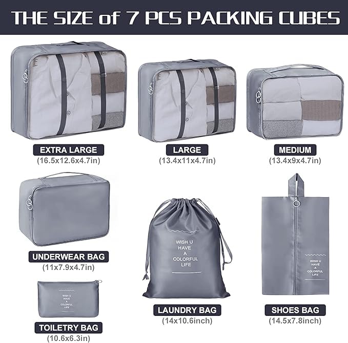 BESTOTTAM Packing Cubes for Suitcase 7 Pcs Travel Cubes Set for Suitcase and Luggage Organizers Packing Cubes for Travel Foldable and Lightweight GREY - Image 2