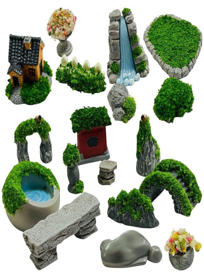 Krisah Miniature Fairy Garden Decorations, Multicolor Resin Landscape Ornaments, 18 Pieces Set with Waterfall Bridge House - Image 1
