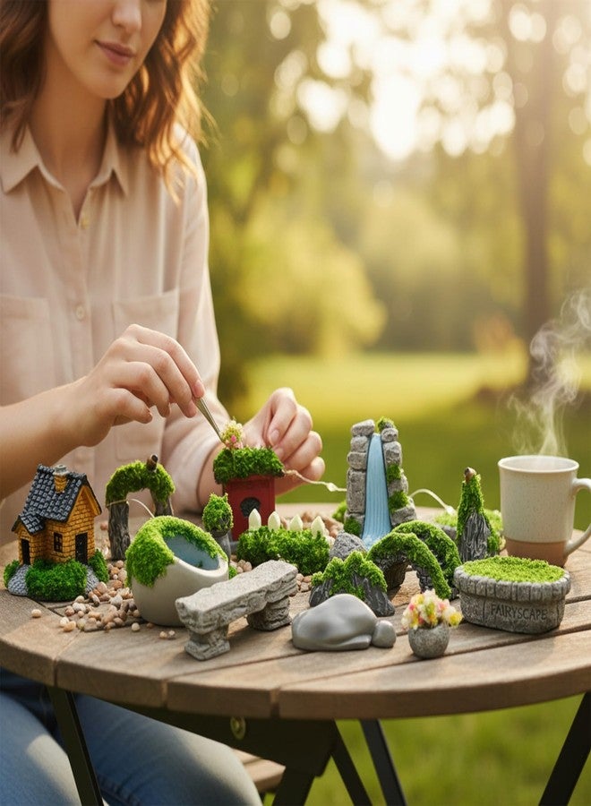 Krisah Miniature Fairy Garden Decorations, Multicolor Resin Landscape Ornaments, 18 Pieces Set with Waterfall Bridge House - Image 2