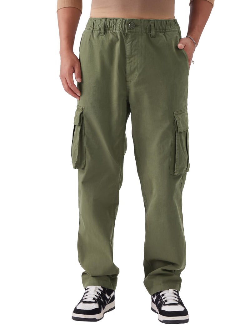 The Souled Store Solids: Moss Green Men and Boys Straight Fit Cotton Blend Cargo Pants - Image 1