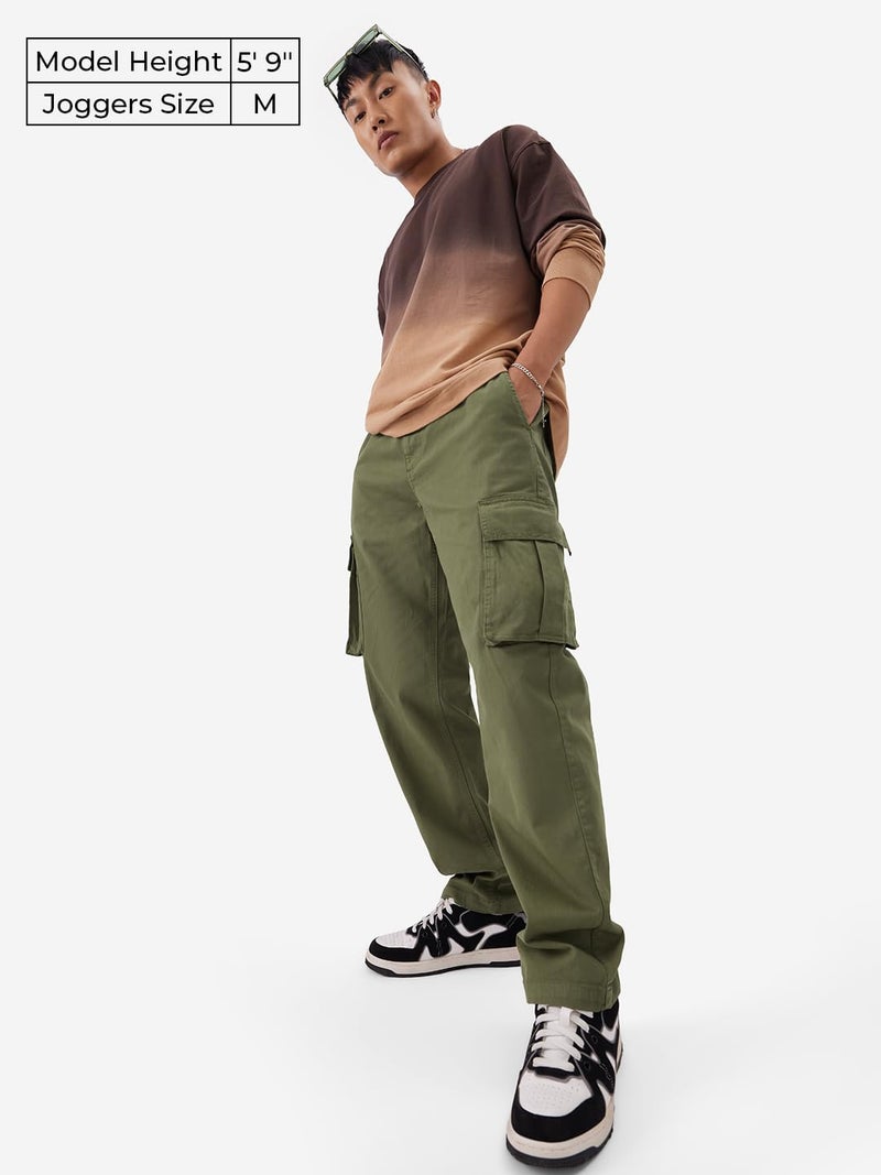 The Souled Store Solids: Moss Green Men and Boys Straight Fit Cotton Blend Cargo Pants - Image 2