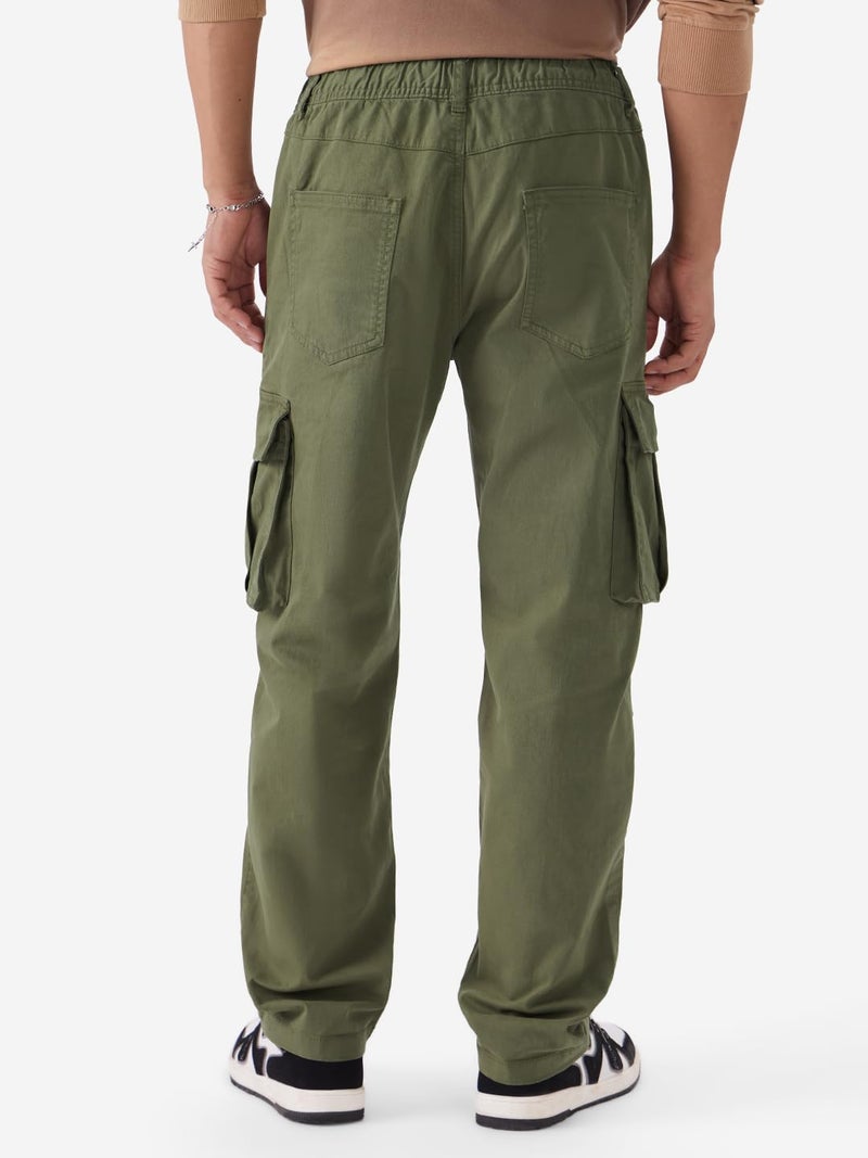 The Souled Store Solids: Moss Green Men and Boys Straight Fit Cotton Blend Cargo Pants - Image 4