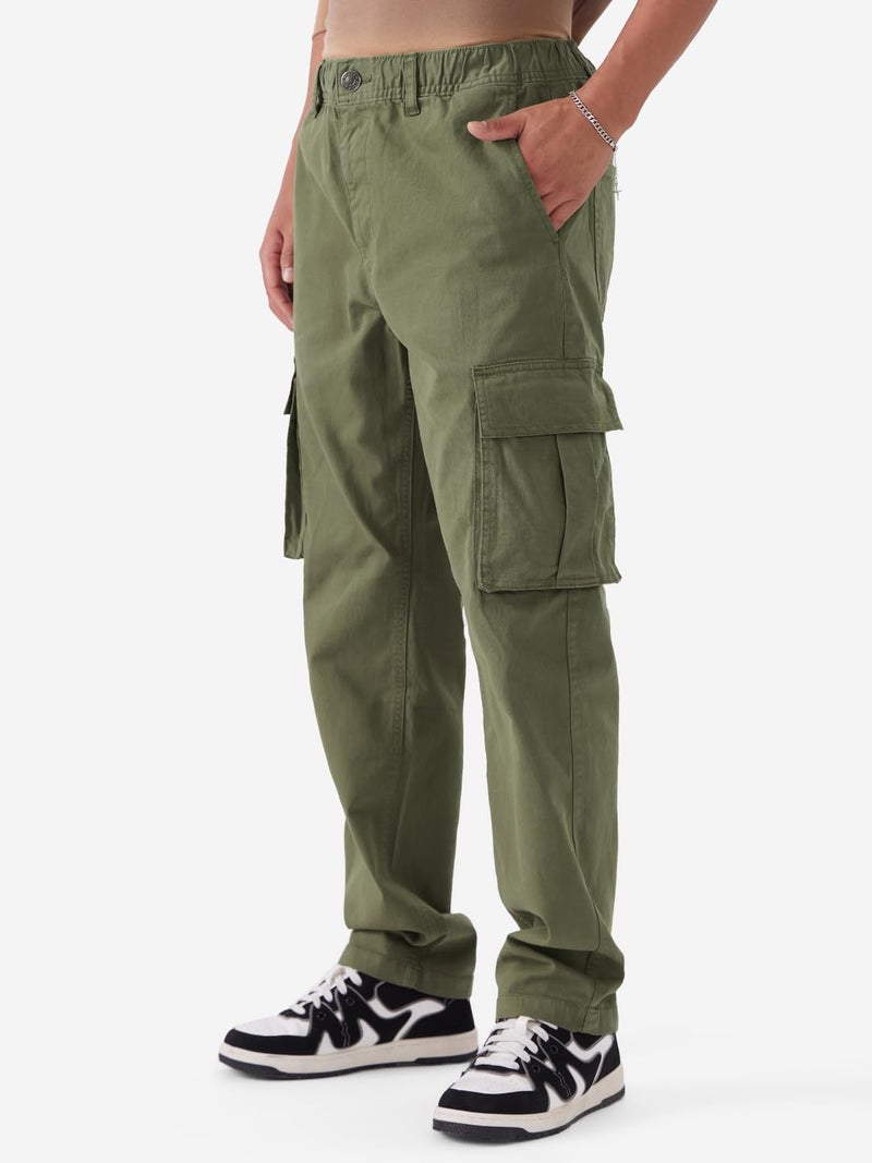 The Souled Store Solids: Moss Green Men and Boys Straight Fit Cotton Blend Cargo Pants - Image 3