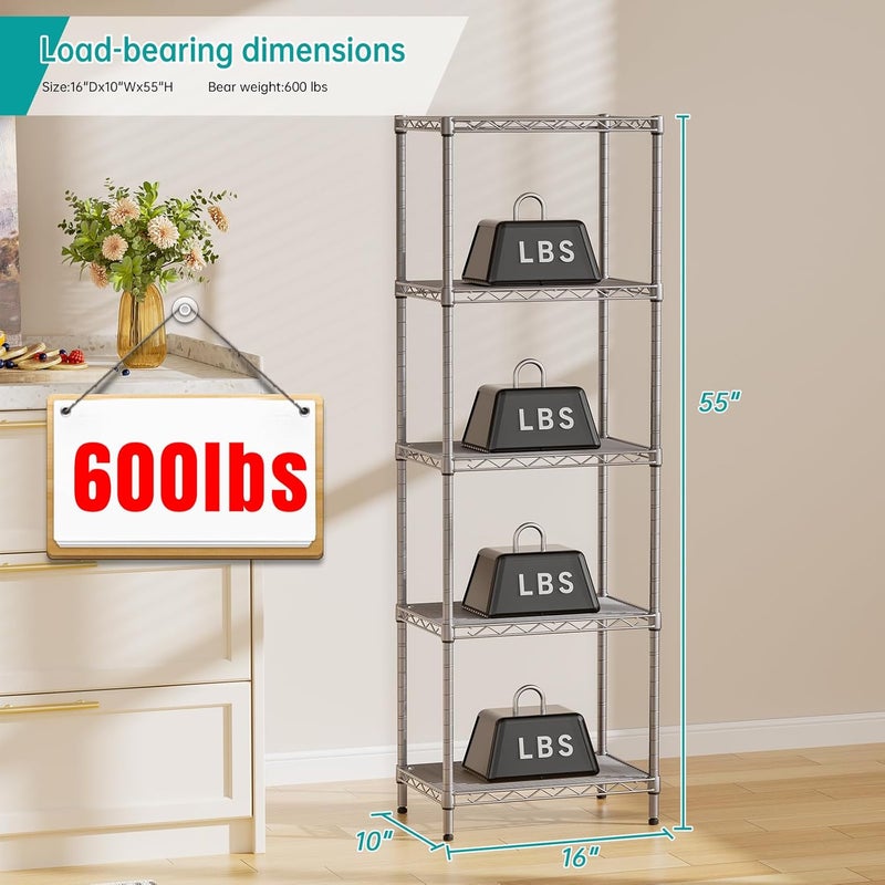 SINGAYE 5 Tier Shelf Wire Shelving Adjustable Storage Shelves Rack Standing Units for Kitchen Closet Laundry Bathroom Organizers Metal Pantry Narrow Mesh Gaps 10" D x 16" W x 55" H Gray - Image 2