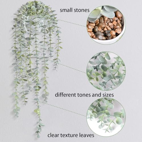 BACAMA Decorative Hanging Plants for Shelf, Faux Ivy Eucalyptus Vine, Fake Greenery in White Bigger Pot (Light Green, 1PCS) - Image 5
