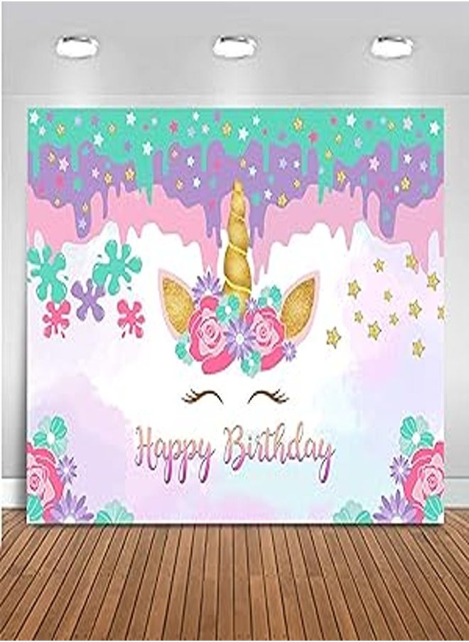 Mocsicka Unicorn Backdrop Happy Birthday Party Decorations for Girls Princess Vinyl Watercolor Floral Unicorn Cake Table Banner Supplies Studio Props (7x5ft) 