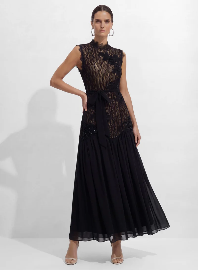 Sunfere  Out In Elegance Black Floral Applique Lace Bodice Maxi Dress for Women | Best Price UAE