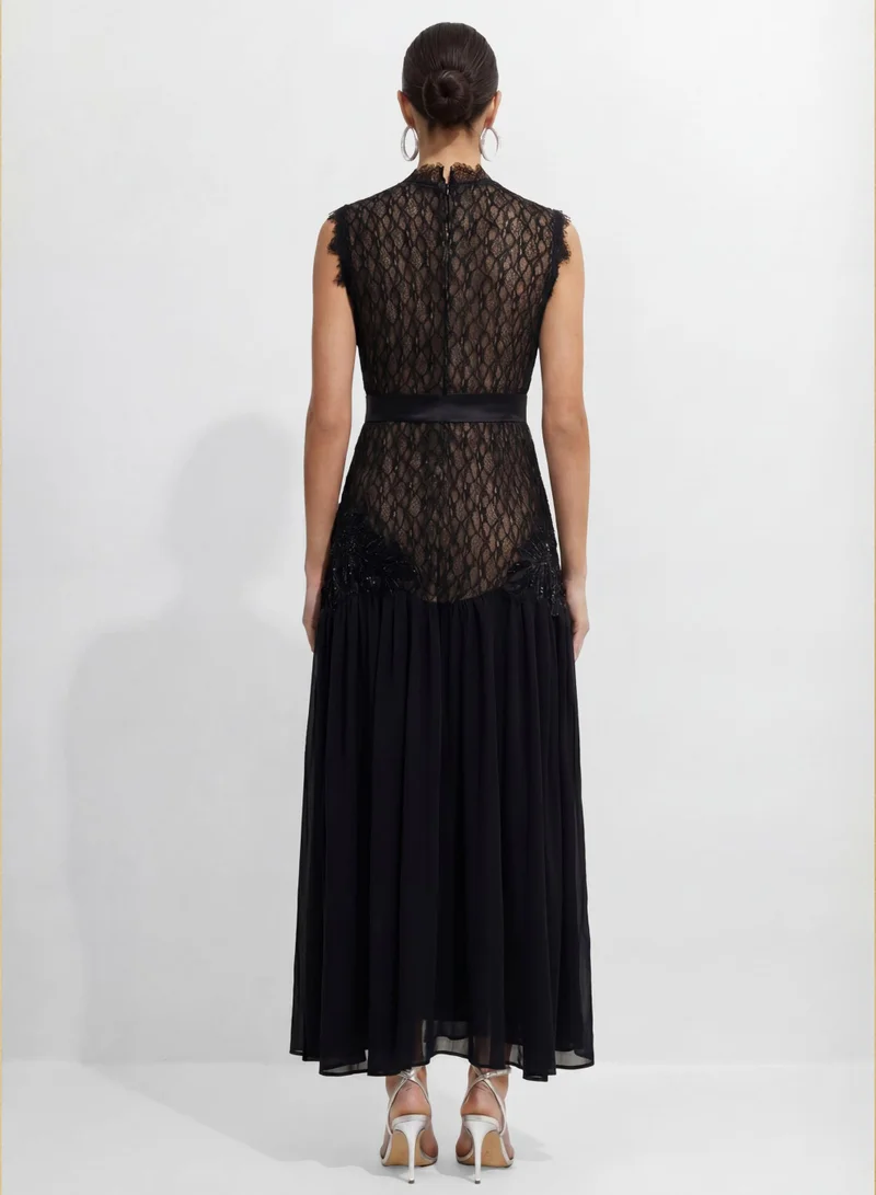 Sunfere  Out In Elegance Black Floral Applique Lace Bodice Maxi Dress for Women | Best Price UAE