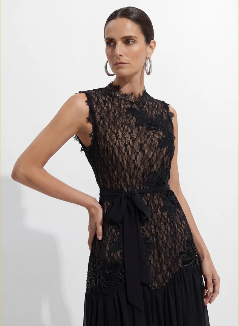 Sunfere  Out In Elegance Black Floral Applique Lace Bodice Maxi Dress for Women | Best Price UAE