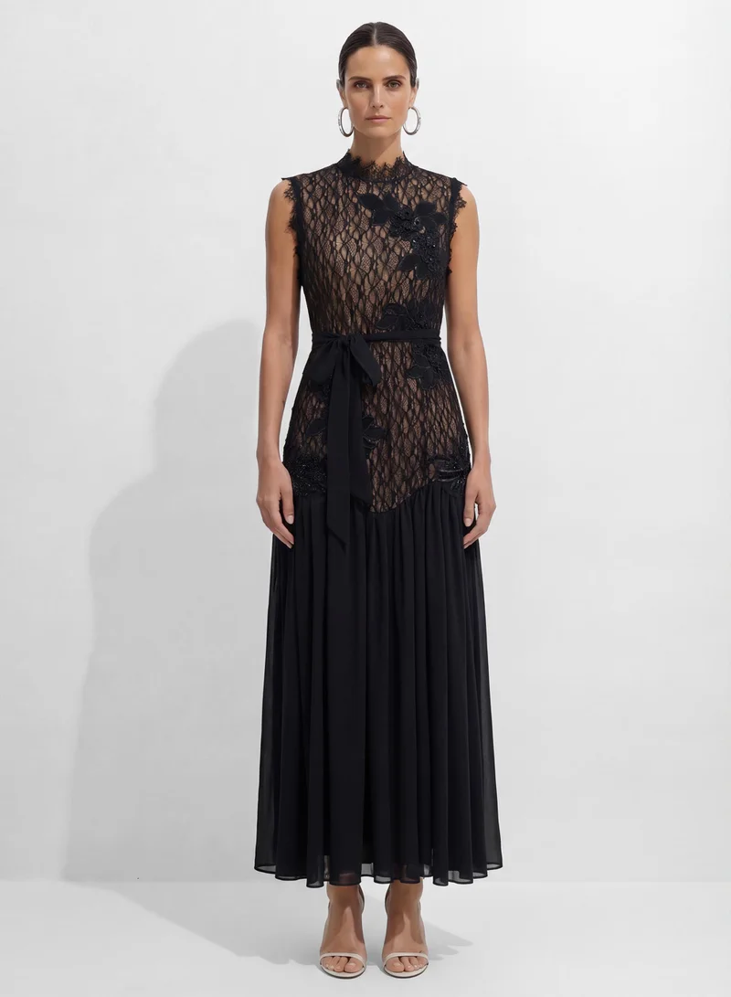 Sunfere Out In Elegance Black Floral Applique Lace Bodice Maxi Dress