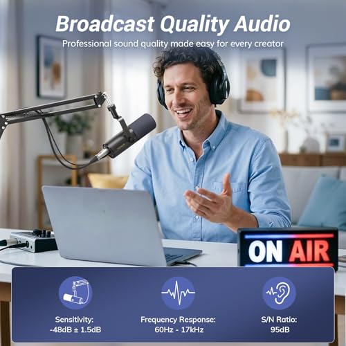 TONOR Dynamic Podcast Microphone for Studio, Cardioid XLR/USB Mic, AI Noise Cancellation, Tap Mute, 3.5mm Headphone Jack for Monitoring, Volume Control, Microfono with Boom Arm, Black, TD510 AIR H+ - Image 2