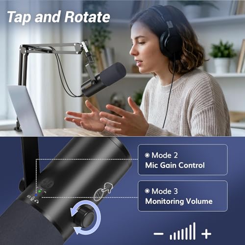TONOR Dynamic Podcast Microphone for Studio, Cardioid XLR/USB Mic, AI Noise Cancellation, Tap Mute, 3.5mm Headphone Jack for Monitoring, Volume Control, Microfono with Boom Arm, Black, TD510 AIR H+ - Image 4