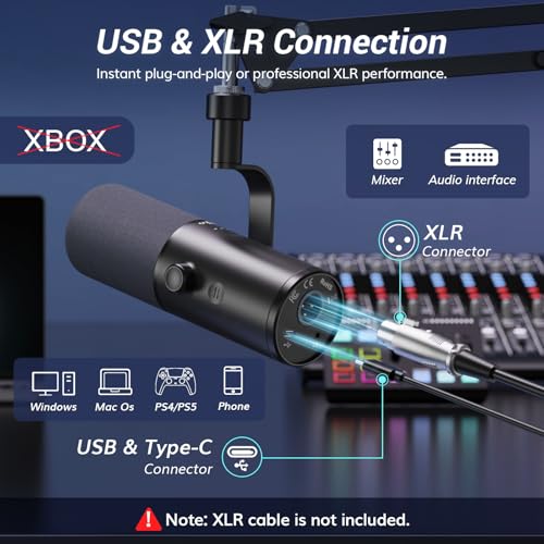 TONOR Dynamic Podcast Microphone for Studio, Cardioid XLR/USB Mic, AI Noise Cancellation, Tap Mute, 3.5mm Headphone Jack for Monitoring, Volume Control, Microfono with Boom Arm, Black, TD510 AIR H+ - Image 5