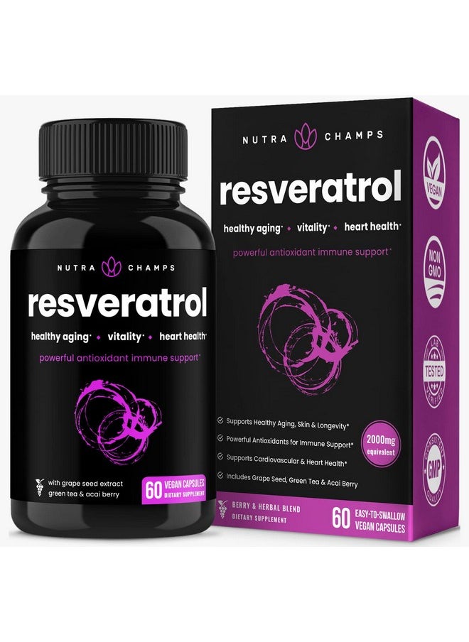 NutraChamps - مكمل الريسفيراترول؛ تركيبة قوية للغاية 1400 مجم لدعم المناعة وصحة القلب مع التقدم في السن؛ 60 كبسولة نباتية تحتوي على الريسفيراترول ومستخلص أوراق الشاي الأخضر والتوت الأكي وبذور العنب - Image 1