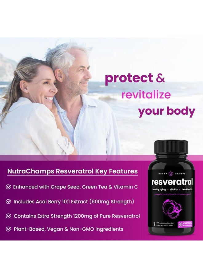 NutraChamps - مكمل الريسفيراترول؛ تركيبة قوية للغاية 1400 مجم لدعم المناعة وصحة القلب مع التقدم في السن؛ 60 كبسولة نباتية تحتوي على الريسفيراترول ومستخلص أوراق الشاي الأخضر والتوت الأكي وبذور العنب - Image 1