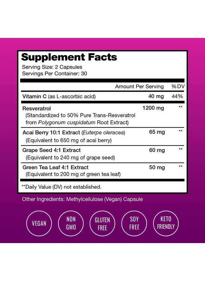 NutraChamps - مكمل الريسفيراترول؛ تركيبة قوية للغاية 1400 مجم لدعم المناعة وصحة القلب مع التقدم في السن؛ 60 كبسولة نباتية تحتوي على الريسفيراترول ومستخلص أوراق الشاي الأخضر والتوت الأكي وبذور العنب - Image 1