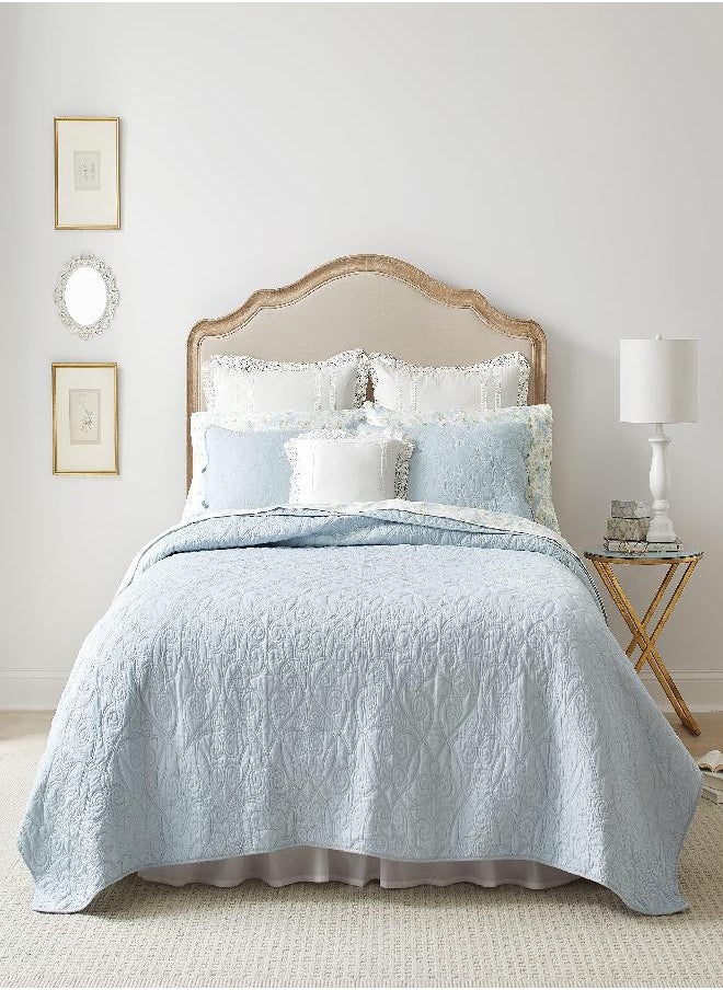 LAURA ASHLEY - Laura Ashley Felicity Collection Quilt Set-100% Cotton, Reversible, All Season Bedding with Matching Sham(s), Pre-Washed for Added Softness, Twin, Breeze Blue - Image 1