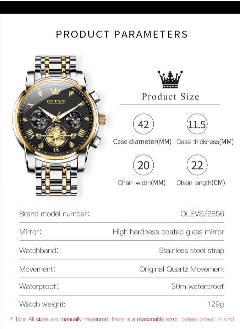 OLEVS - Watches for Men Fashion Stainless Steel Quartz Chronograph Water Resistant Watch 2856 - Image 1