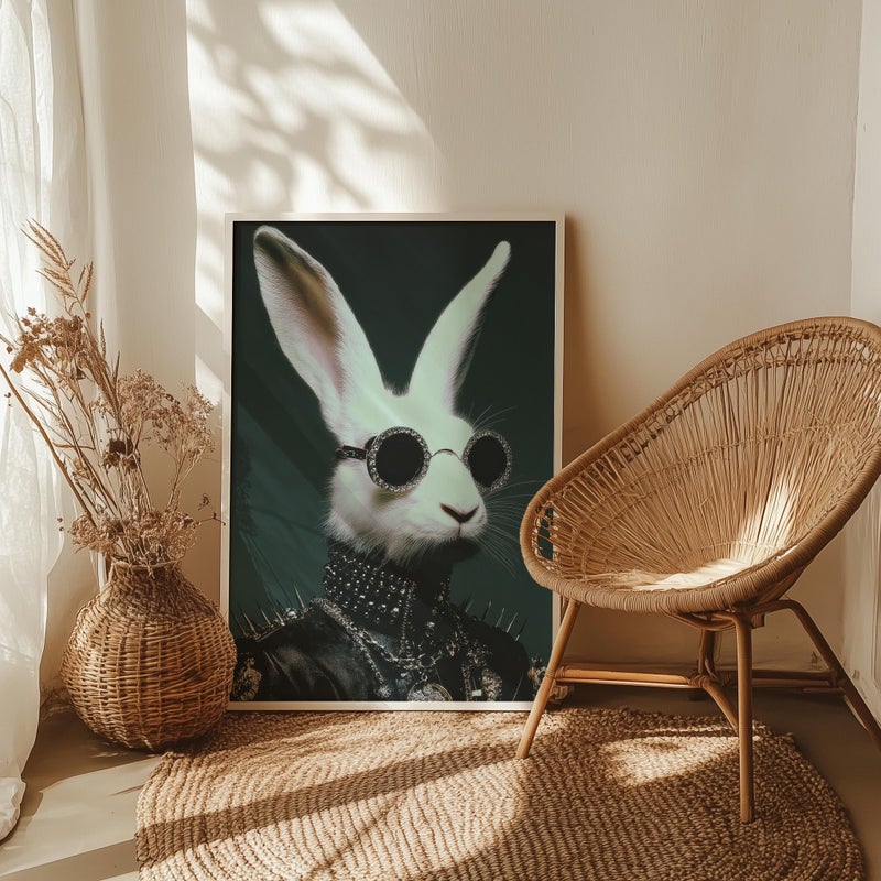 TNESSENTIAL Punk Rock Rabbit Portrait Poster or Canvas Print, Edgy Animal Illustration, Modern Stylish White Bunny in Leather Jacket Dark Green Wall Art - Image 1