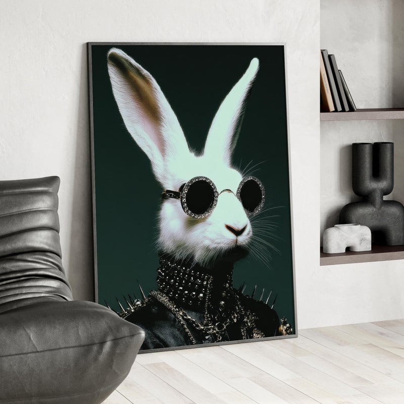 TNESSENTIAL Punk Rock Rabbit Portrait Poster or Canvas Print, Edgy Animal Illustration, Modern Stylish White Bunny in Leather Jacket Dark Green Wall Art - Image 3