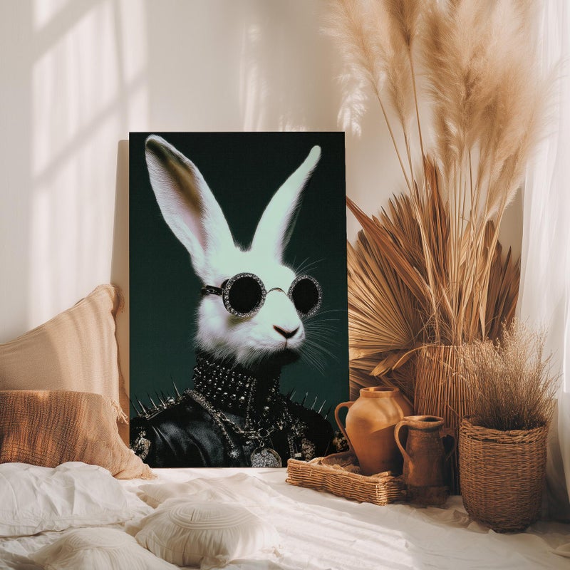 TNESSENTIAL Punk Rock Rabbit Portrait Poster or Canvas Print, Edgy Animal Illustration, Modern Stylish White Bunny in Leather Jacket Dark Green Wall Art - Image 4