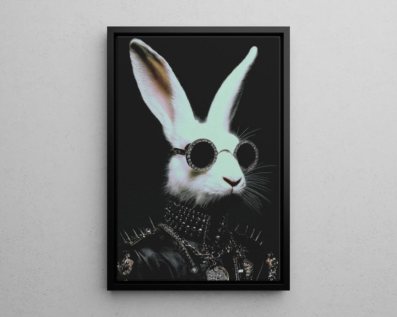 TNESSENTIAL Punk Rock Rabbit Portrait Poster or Canvas Print, Edgy Animal Illustration, Modern Stylish White Bunny in Leather Jacket Dark Green Wall Art - Image 5