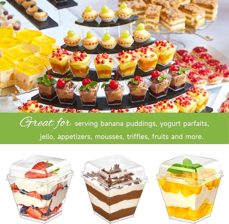Qeirudu 50 Pack 7 oz Dessert Cups with PET Lids and Spoons Mini Plastic Yogurt Parfait Cups Square Party Serving Cup for Banana Pudding Appetizer Fruit and Ice Cream - Image 4