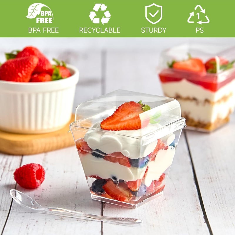 Qeirudu 50 Pack 7 oz Dessert Cups with PET Lids and Spoons Mini Plastic Yogurt Parfait Cups Square Party Serving Cup for Banana Pudding Appetizer Fruit and Ice Cream - Image 3