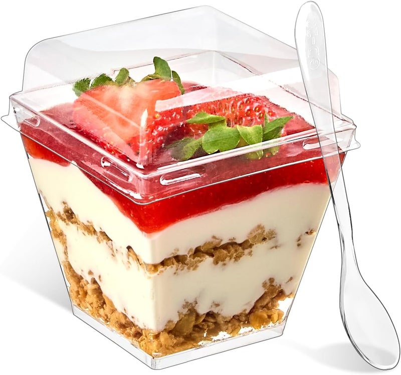 Qeirudu 50 Pack 7 oz Dessert Cups with PET Lids and Spoons Mini Plastic Yogurt Parfait Cups Square Party Serving Cup for Banana Pudding Appetizer Fruit and Ice Cream - Image 1
