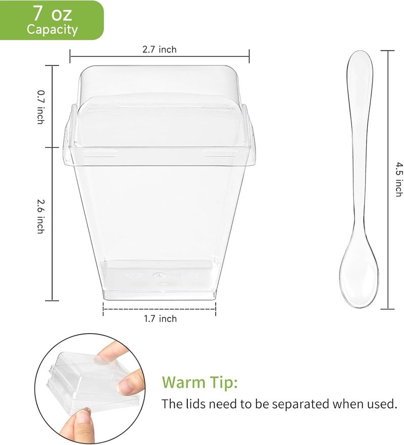Qeirudu 50 Pack 7 oz Dessert Cups with PET Lids and Spoons Mini Plastic Yogurt Parfait Cups Square Party Serving Cup for Banana Pudding Appetizer Fruit and Ice Cream - Image 2