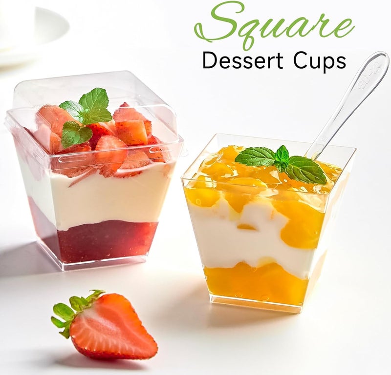Qeirudu 50 Pack 7 oz Dessert Cups with PET Lids and Spoons Mini Plastic Yogurt Parfait Cups Square Party Serving Cup for Banana Pudding Appetizer Fruit and Ice Cream - Image 5