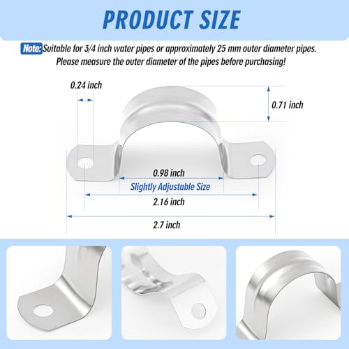 Yaocom 100 Pcs 1 Inch Pipe Strap 304 Stainless Steel Conduit Clamp Reinforced Rigid 2 Hole U Bracket for Pipe Fixing on Various Surfaces - Image 3