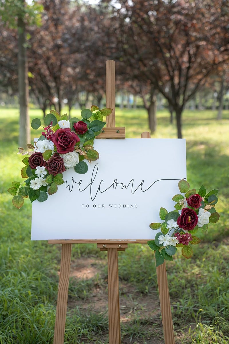 WEIERYUE(Pack of 2 Artificial Flowers Decorations,Artificial Arch Backdrop Garlandfor Ceremony Party Reception Entrance Welcome Easel Door Floral Decor Wall Home Entryway Outdoor(Wine red) - Image 3