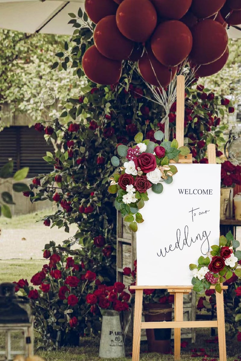 WEIERYUE(Pack of 2 Artificial Flowers Decorations,Artificial Arch Backdrop Garlandfor Ceremony Party Reception Entrance Welcome Easel Door Floral Decor Wall Home Entryway Outdoor(Wine red) - Image 5