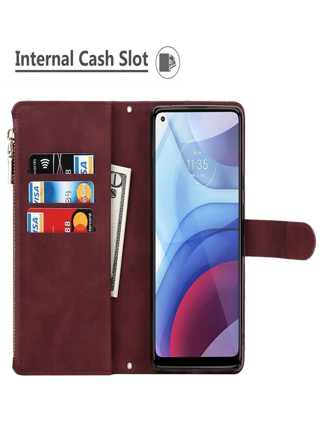 آي كوفر كايس جراب iCoverCase لهاتف Motorola Moto G Power 2021، جراب محفظة مع حامل بطاقات، وميزة مسند، جراب من الجلد الصناعي مع حبل كتف قابل للتعديل، مشبك مغناطيسي، جيب بسحاب، غطاء قلاب (لون عنابي). - Image 5