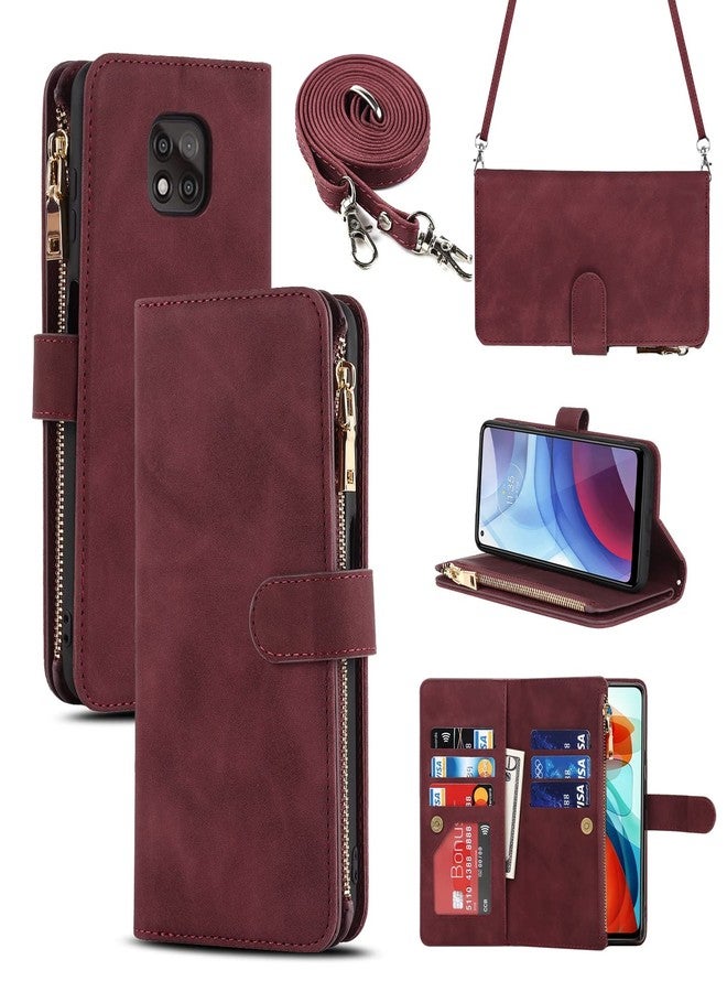 آي كوفر كايس جراب iCoverCase لهاتف Motorola Moto G Power 2021، جراب محفظة مع حامل بطاقات، وميزة مسند، جراب من الجلد الصناعي مع حبل كتف قابل للتعديل، مشبك مغناطيسي، جيب بسحاب، غطاء قلاب (لون عنابي). - Image 1