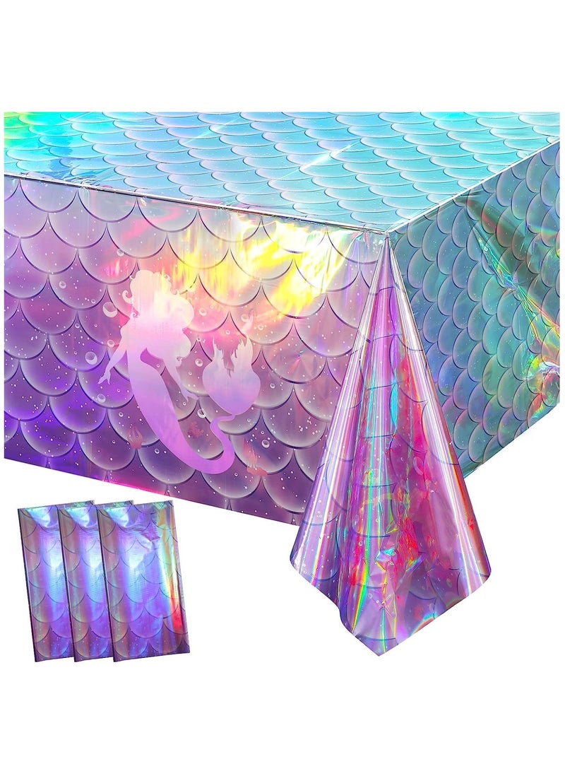 Disposable Tablecloths,Mermaid Iridescence Plastic Laser Table Cloths Holographic Foil Table Cover for Girls Birthday Wedding Disco Holiday Mermaid Themed Party Decorations 54 x108 inch 3Pcs - Image 1