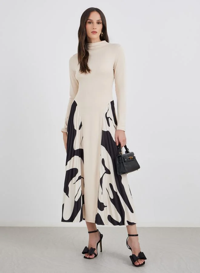 Styli Printed Pleated Long Sleeves A-Line Midi Dress