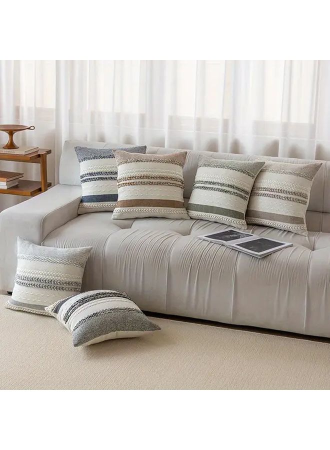 Khaki Decorative Tassel Pillow Sham Woven Striped Cover Machine Washable Polyester - Image 1